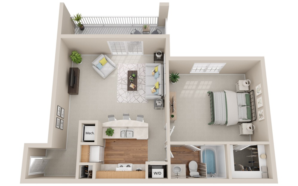 The Mallard - 1 bedroom floorplan layout with 1 bathroom and 790 square feet