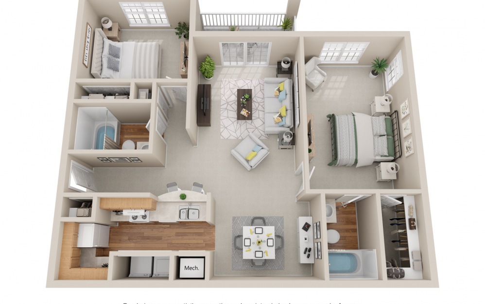 2 Bedroom 2 Bath - 2 bedroom floorplan layout with 2 baths and 1048 square feet.