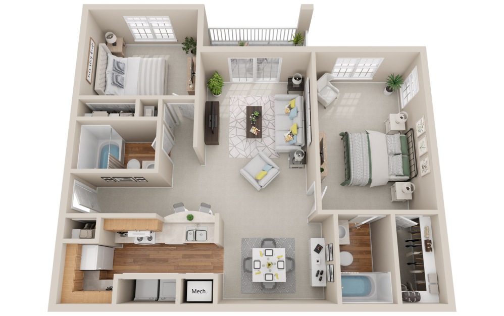 The Sandpiper - 2 bedroom floorplan layout with 2 bathrooms and 1048 square feet