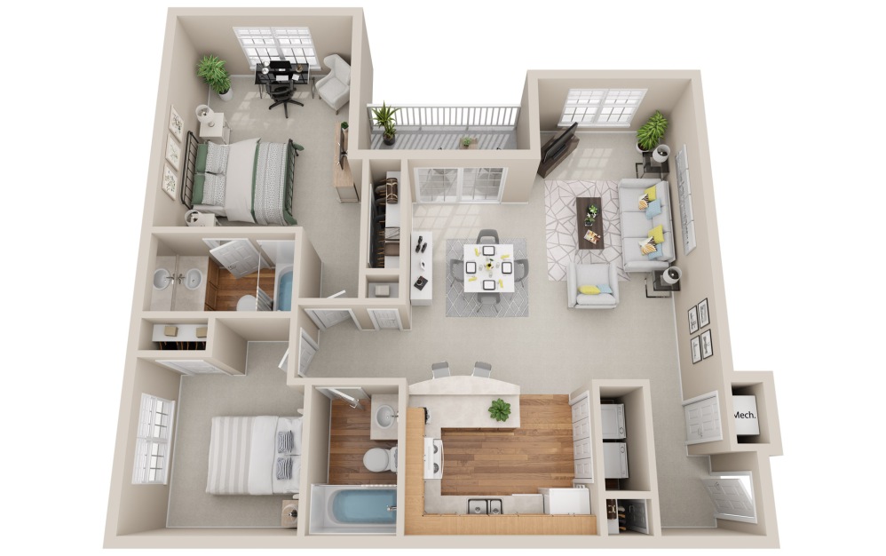 The Heron - 2 bedroom floorplan layout with 2 bathrooms and 1038 square feet