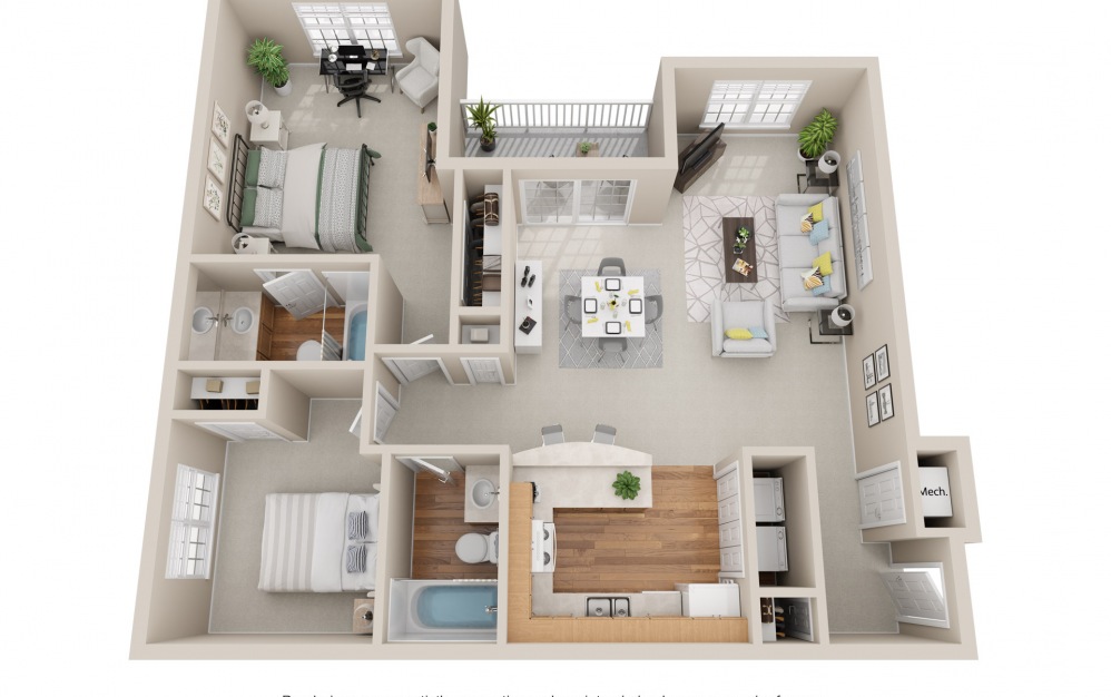 2 Bedroom 2 Bath - 2 bedroom floorplan layout with 2 baths and 1038 square feet.