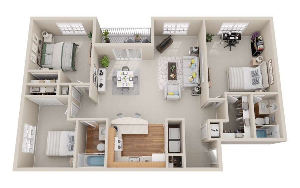 The Osprey - 3 bedroom floorplan layout with 2 bathrooms and 1295 square feet