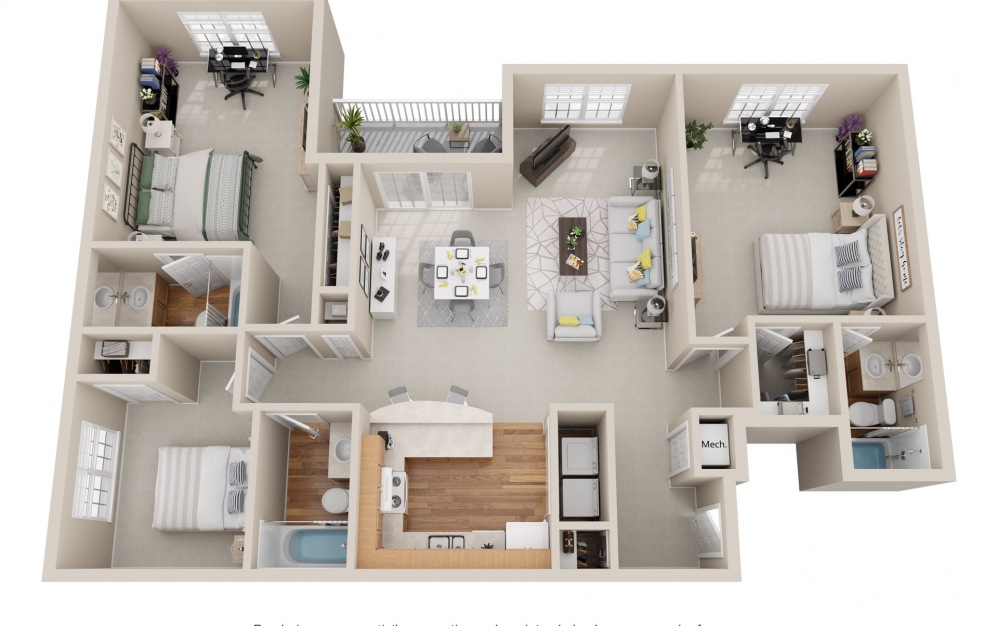 3 Bedroom 3 Bath - 3 bedroom floorplan layout with 3 baths and 1355 square feet.